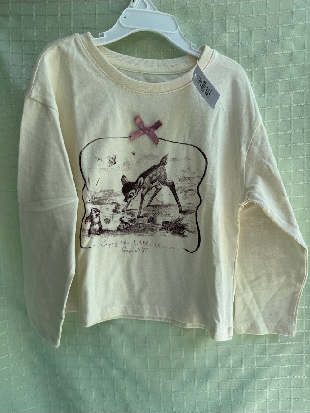 New GAP Cream Long-Sleeve Cotton Tee with Woodland Fawn Graphic and Bow